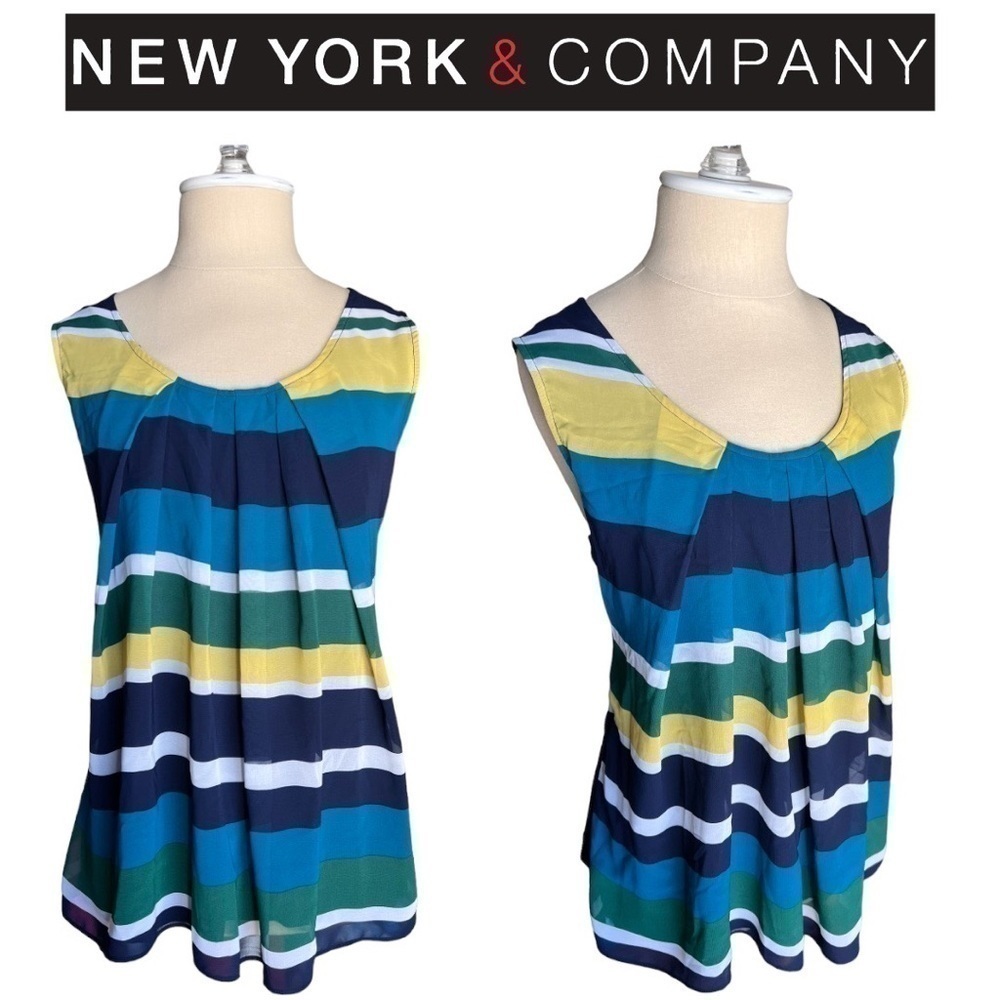 New York & Company Blue Green Yellow Striped Stretchy Sleeveless Knit Top Large